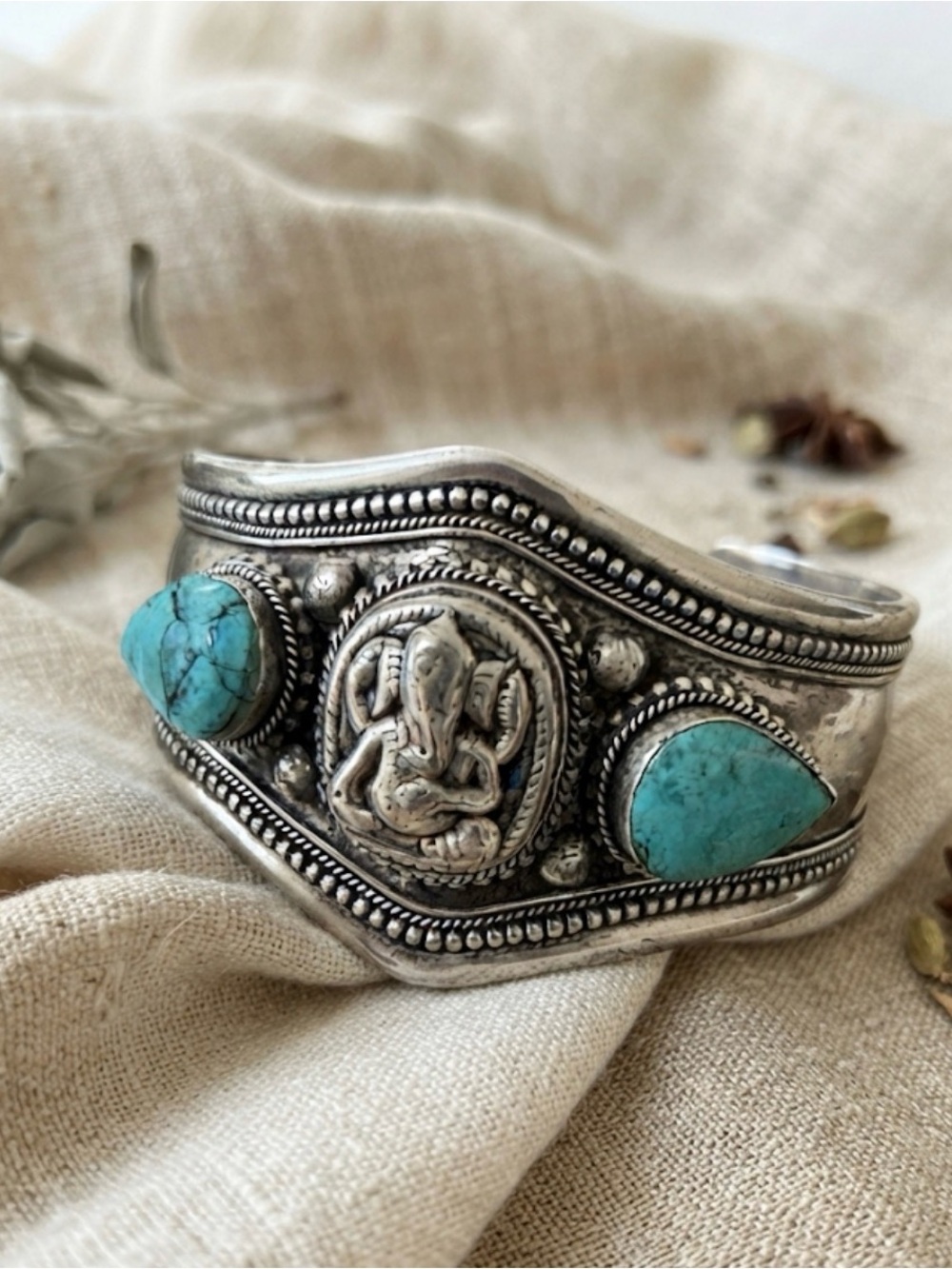 Genuine Turquoise Stone Cuff Bracelet - Boho Tribal Accent    JUST REDUCED